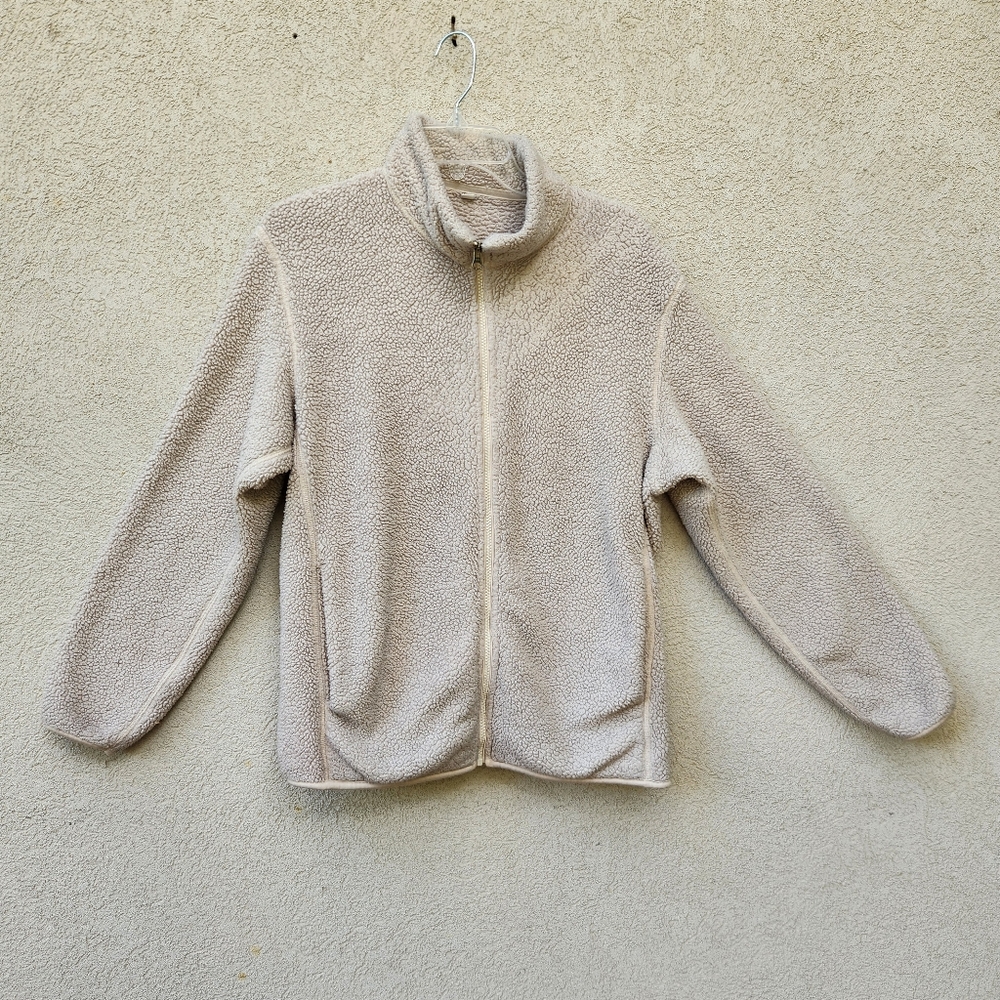 UNIQLO Women's Sherpa Jacket Medium Cream Fleece Full Zip High Neck Coat